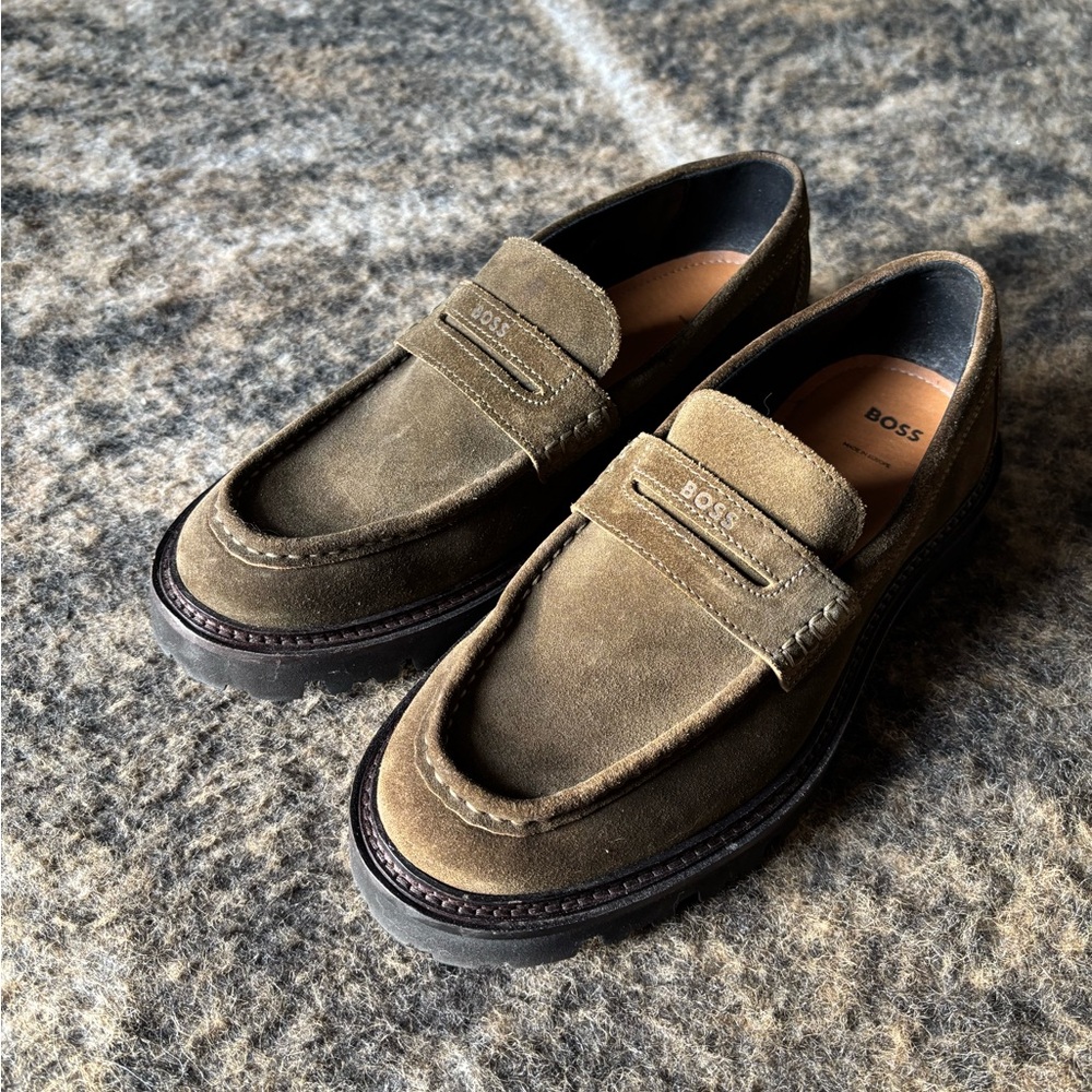 Hugo Boss Men's Olive Suede Slip-On Loafers